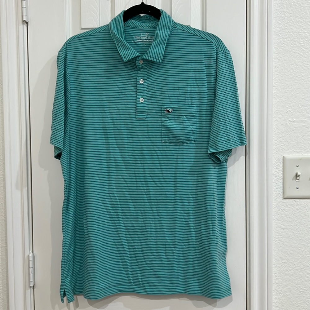 Vineyard Vines Edgartown Polo Teal/Blue Striped Size L